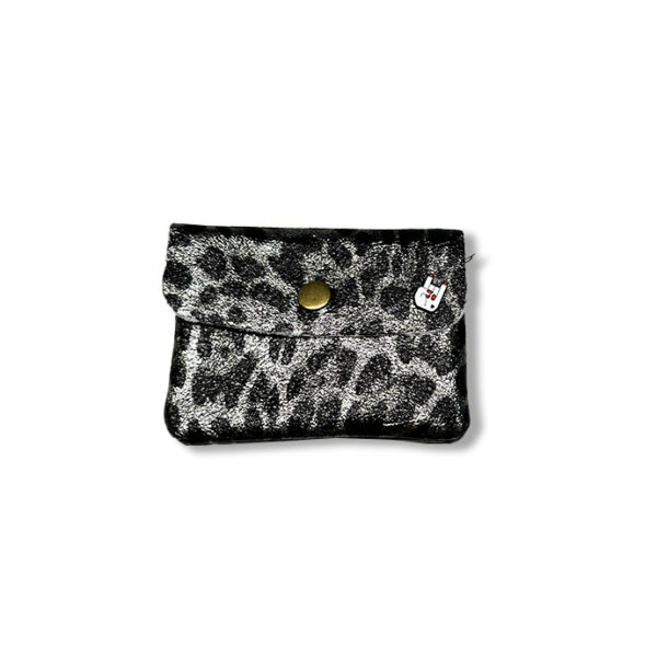 Porte monnaie en cuir lamé brillant imprimé Leopard, Lamé argent
