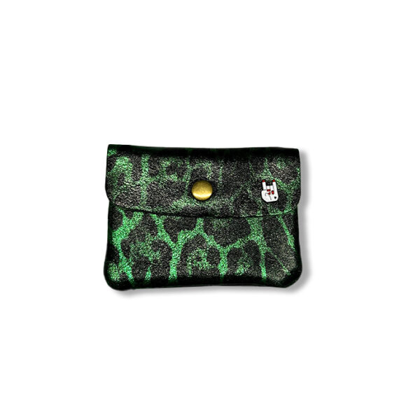 Porte monnaie en cuir lamé brillant imprimé Leopard, Lamé vert